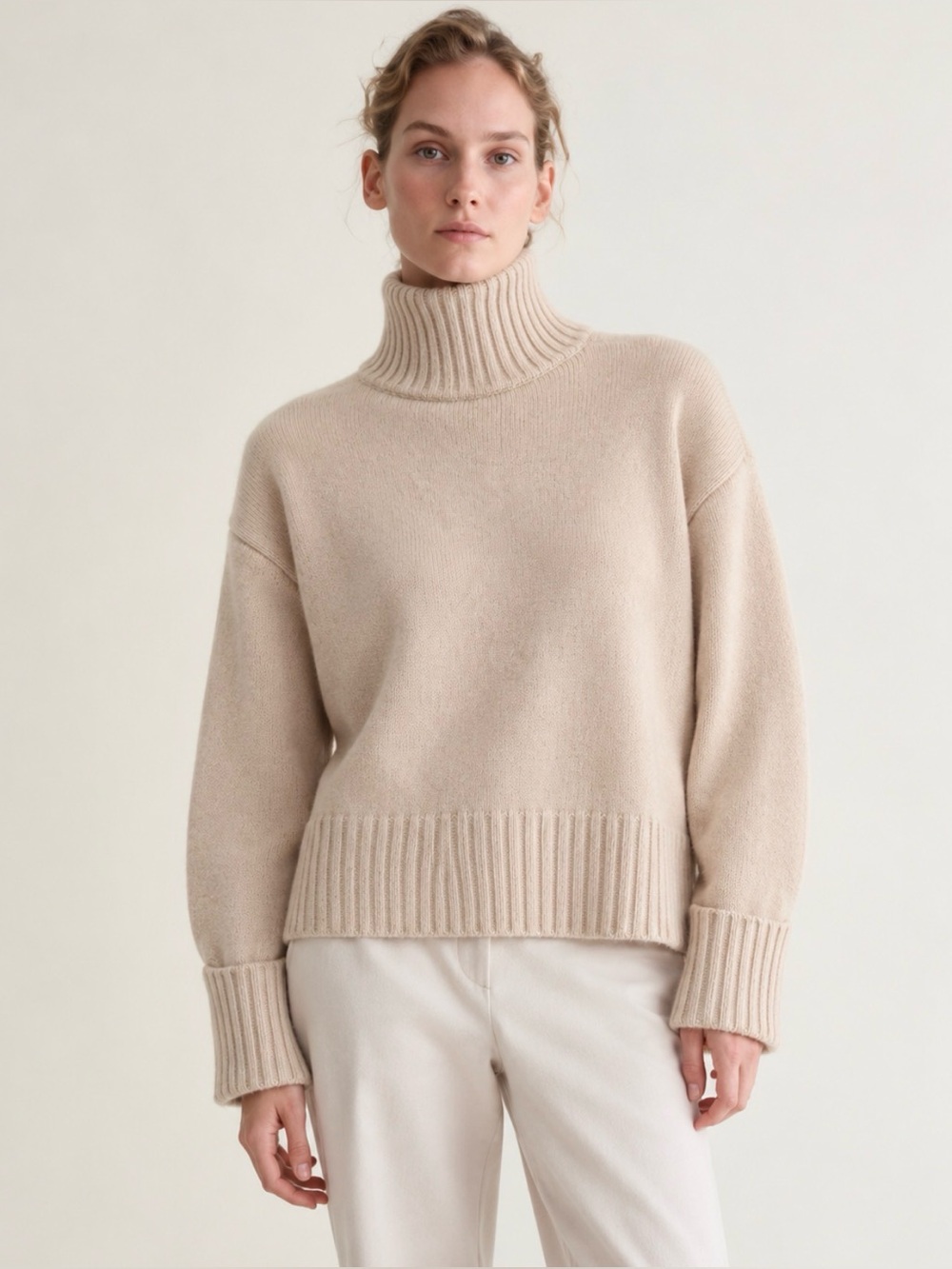 Halston 100% 2-Ply Cashmere Turtleneck Sweater Oatmeal Beige S